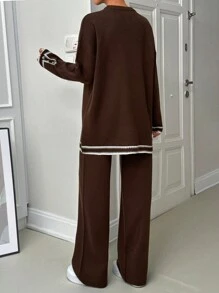 EURMUSE Women Stripe Pattern Round Neck Drop Shoulder Pullover & Sweater Pants Set