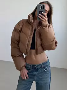 Aloruh 女士新款秋冬性感时尚日常通勤修身哑光前拉链高领短款加厚外套 - 棕色 - 查看 1