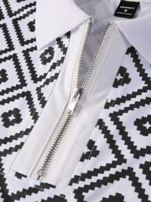 Manfinity Homme 夏季男士休闲几何印花 Polo 衫 - 黑色 - 查看 3