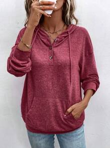 SHEIN LUNE Áo nỉ trùm đầu tay dài màu trơn có nút cài nửa vai thả dây rút thường ngày dành cho nữ, mùa xuân/thu - Gỗ đỏ - Xem 4