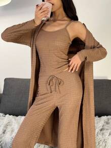 Chiquease Women 3pcs Casual Outfit Set: Long Sleeve Open Front Jacket, Camisole, And Waist Tie Pants, Spring/Fall - Maroon - View 6