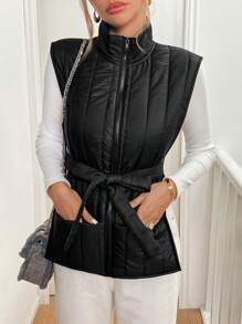 SHEIN Essnce 女士纯色拉链领休闲背心夹克，冬季 - 黑色 - 查看 1