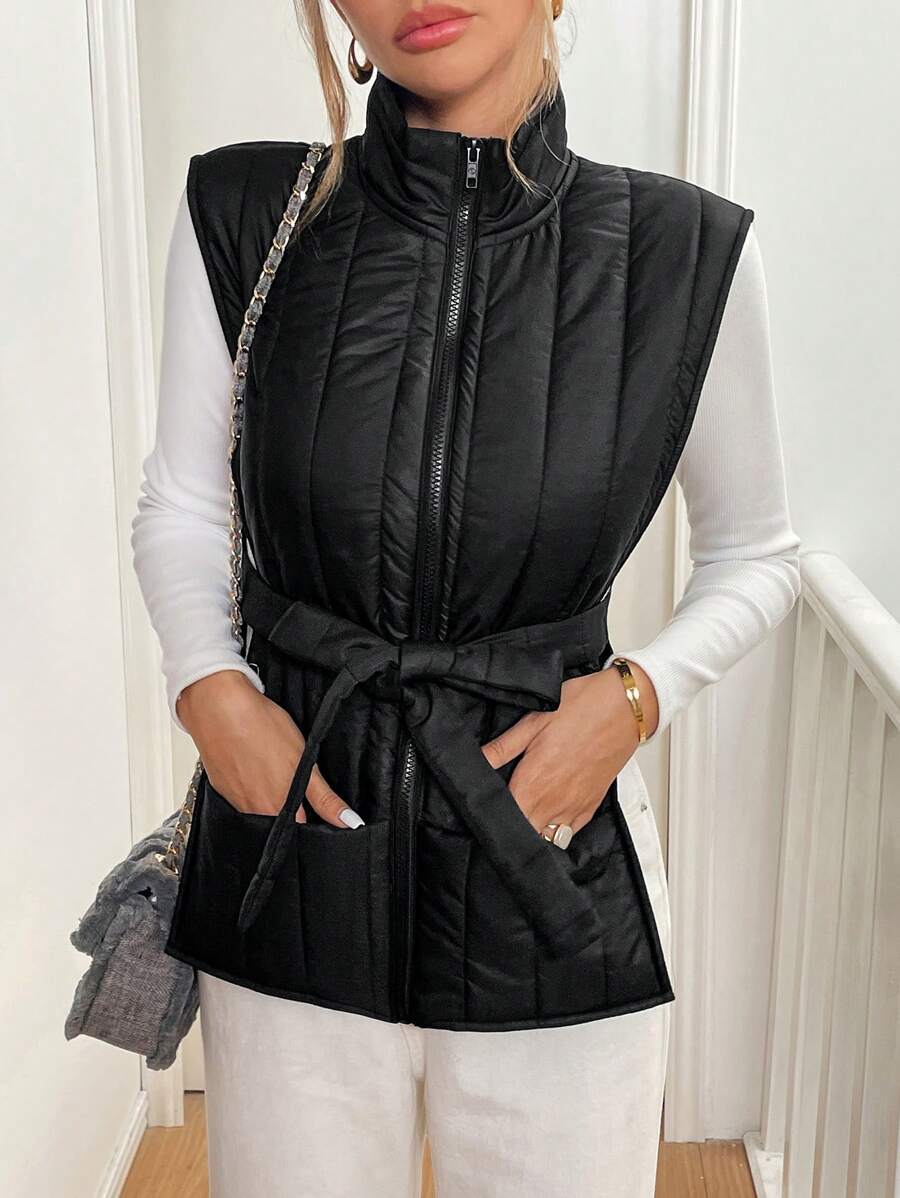 SHEIN Essnce 女士纯色拉链领休闲背心夹克，冬季 - 黑色 - 查看 1