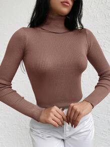 EURMUSE Solid Turtleneck Rib Knit Jumper - Pink - View 4
