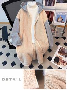 Abrigo con capucha de felpa esponjosa de color block, chaqueta de forro polar abrigada y suave para niñas preadolescentes, para otoño/invierno