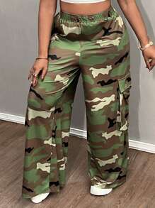 Slaydiva Plus Size Summer Casual Sports Simple Street Cargo Three-Dimensional Pocket Camouflage Wide-Leg Pants Women's Pants