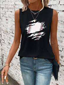 SHEIN LUNE Áo ba lỗ in họa tiết đơn giản không tay, mặc thường ngày - màu đen - Xem 3