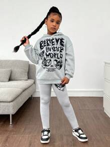 Bộ quần áo hoodie và quần legging in họa tiết đầu lâu mắt mèo phong cách đường phố Gothic thường ngày NovaGlow dành cho bé gái tuổi mới lớn, màu xám, phù hợp - Xám - Xem 5