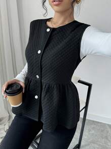 Chiquease 女士时尚休闲修身纽扣式无袖夹克 - 黑色 - 查看 6