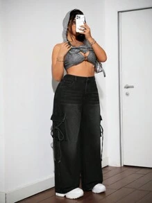 SHEIN ICON Black Plus Size Boyfriend Jeans Street Loose Wide Leg Cargo Baggy Tie Bow Back To School Jeans