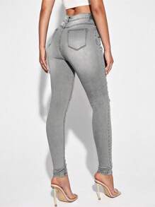 Selenza Front Button Pocketed Distressed Raw-Edge Casual Denim Pants - Light Grey - View 2