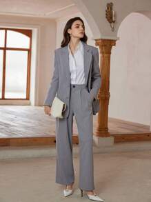 SHEIN Privé 不对称下摆西装套装，优雅的商务休闲教师工作服，秋季 - 淺灰色 - 查看 2