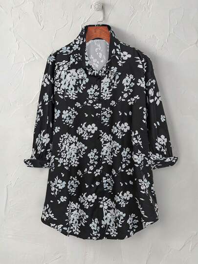 Rusticease Plus Size Black Long Sleeve Shirt Floral Print Casual Shirt,Fall Women Clothes