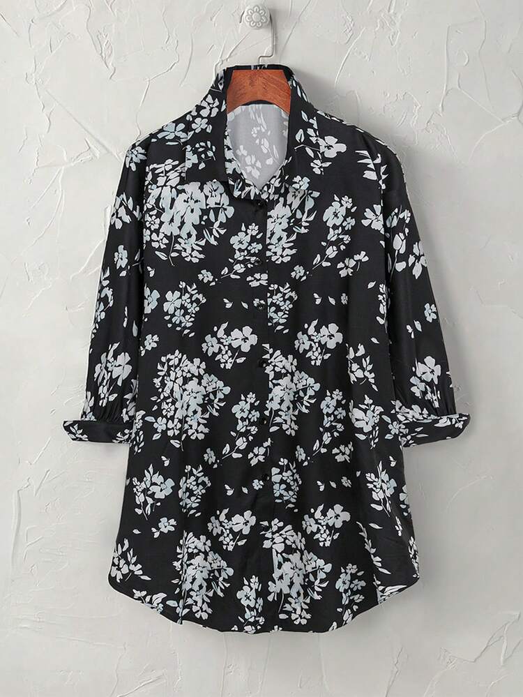 Chemise à manches longues noire grande taille à imprimé floral, chemise décontractée, vêtements pour femmes en automne