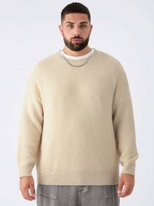 Manfinity VCAY Men's Plus Size Solid Color Plain Casual Crew Neck Long Sleeve Pullover Simple Sweater, Suitable For Autumn And Winter, For Going Out - Apricot - View 1