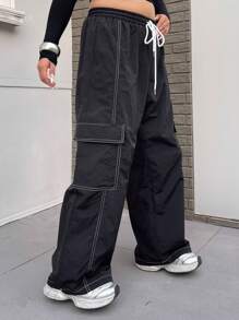 Flirla 加大码弹力腰带抽绳撞色口袋工装裤