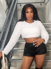 Zolique 新款性感紧身短款白色圆领蓬松保暖女式毛衣，针织套头衫，秋冬款 - 白色 - 查看 1