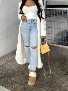 Solid Ripped Straight Leg Jeans - Light Wash - View 5