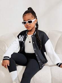 Tween Girl Contrast Color Patching Badge Loose Bomber Jacket - Black and White - View 6