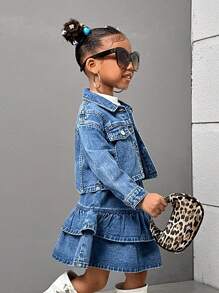 SHEIN 2pcs Young Girls Short Denim Jacket And Ruffle Trim Denim Skirt Set - Medium Wash - View 4