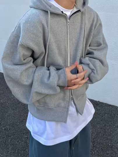 Manfinity Dauomo 男士纯色拉链连帽长袖运动衫，秋季