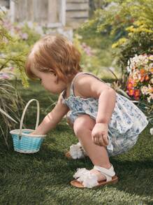 Baby Girls' Beach Holiday Style Floral Printed Shirred Cami Tank Top And Triangle Briefs Set For Summer