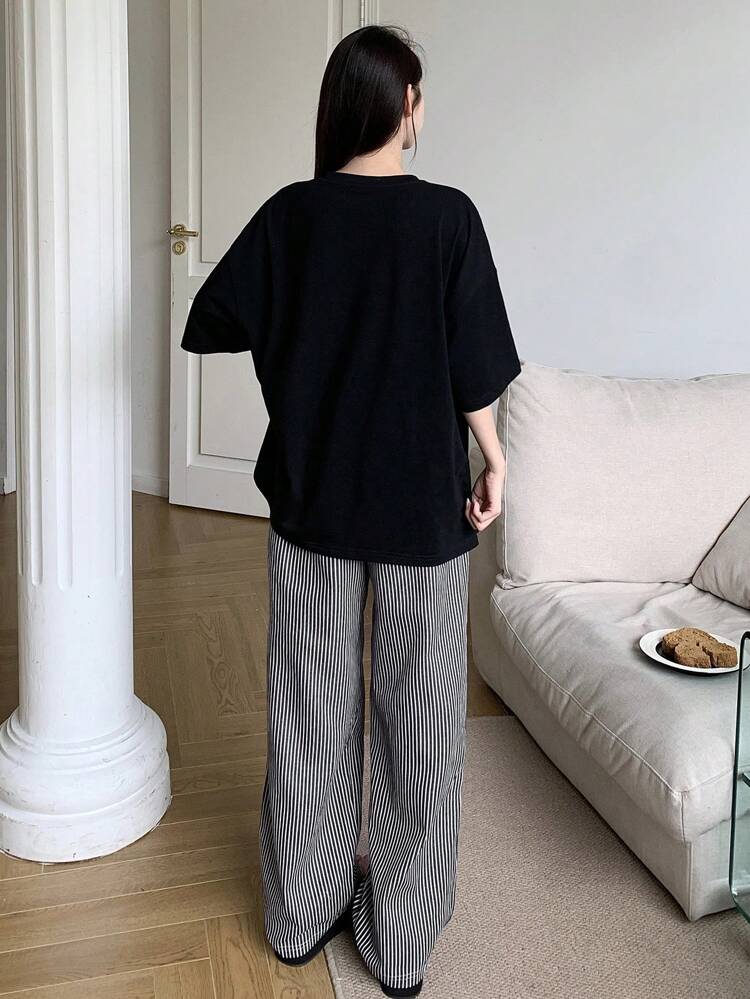 2pcs/Set Crew Neck Letter Print Short Sleeve Top And Casual Pants Pajama