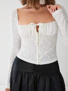 Enchnt Autumn Romantic Women's White Sexy Sweetheart Floral Jacquard Front Tie Long Sleeve Fitted Elegant Blouse - Apricot - View 2