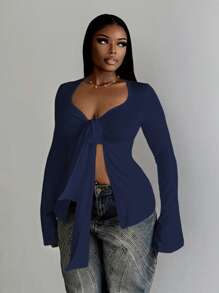 Slaydiva 女士甜心领长袖纯色休闲 T 恤 - 藍色 - 查看 2