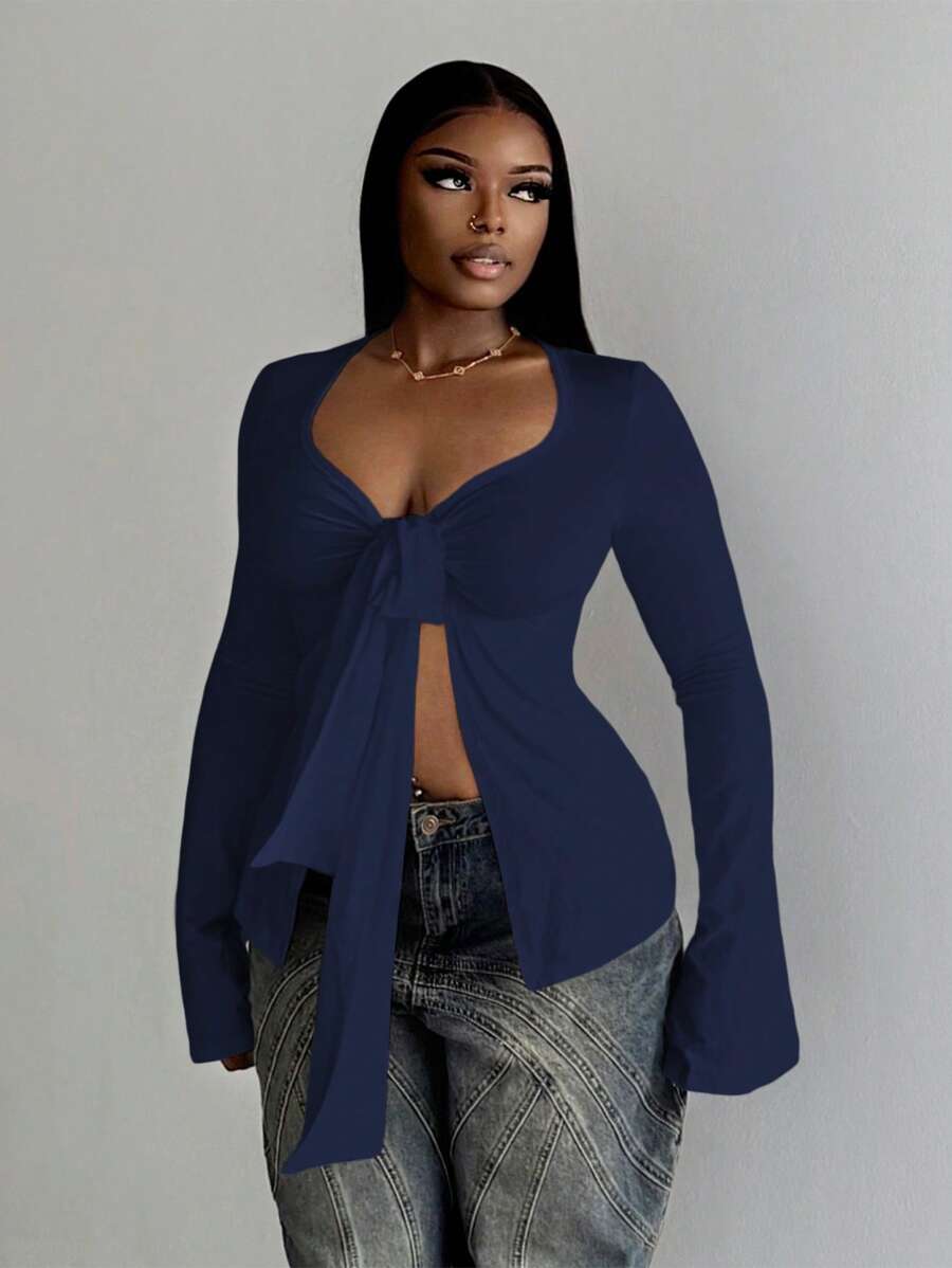 Slaydiva 女士甜心领长袖纯色休闲 T 恤