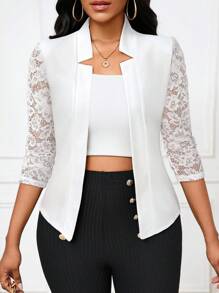 SHEIN Lady بلوفر من الدانتيل للنساء بتباين أنيق للاستخدامات اليومية - أبيض - مشاهدة 6