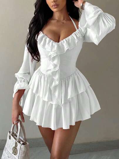 SHEIN SXY Plus Size Spring & Summer Elegant Solid Color Ruffle Flare Sleeve Dress,Graduation Dress