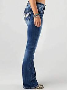 Women's Embroidered Denim Flare Pants With Pockets - 深色水洗藍 - 查看 7