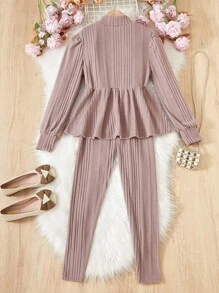 2pcs Tween Girl Half-Turtleneck Gigot Sleeve T-Shirt & Knitted Leggings Set, Lotus Pink