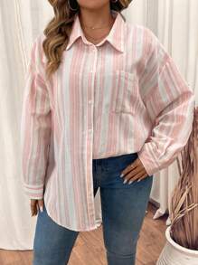 SHEIN VCAY 大码条纹印花长袖休闲衬衫 - 粉色 - 查看 6