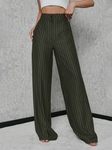 SHEIN Tall Women's Striped Navy Blue Pants - Army Green - View 5