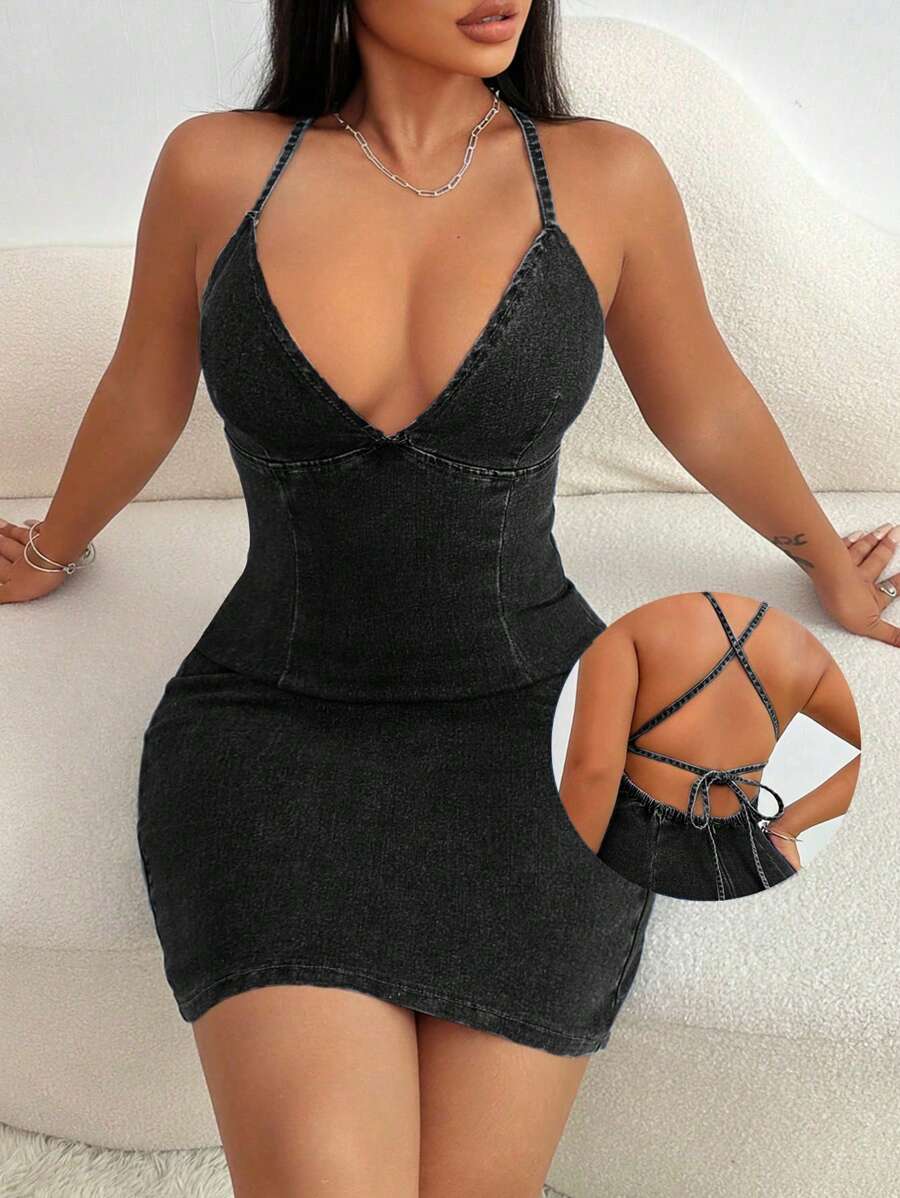 SHEIN SXY Gaun Mini Denim Wanita Seksi Tanpa Punggung dengan Leher Halter, Musim Panas - Hitam - View 1