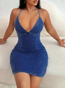 SHEIN SXY Women's Sexy Backless Tie Strap Bodycon Denim Dress For Summer - Dark Wash - View 4