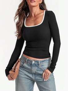 INAWLY Camiseta de manga larga y cuello redondo casual para mujer, ideal para atuendos de primavera y verano