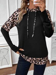 EMERY ROSE Halloween Leopard Print Raglan Sleeve Patchwork Loose Casual Women Sweatshirt Pullover Fall Sweatshirt - Black - View 6