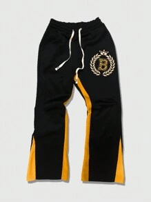 ROMWE MEN Street Life 2pcs Men's Printed Sweatshirt And Sweatpants Set, Suitable For Spring And Summer - Khaki - View 4