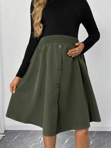 SHEIN Pregnant Women's Solid Color Front Button Casual Skirt, Spring & Autumn, For Maternity - Army Green - View 4