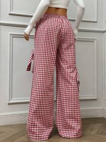 SHEIN EZwear 秋冬休闲腰带细节黑色宽松直筒裤 - 黑色 - 查看 2