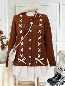 Sunnyshic Plus Size Stylish Christmas Sweater With Bow Tie Neck And Ribbon Decor - Brown - View 3