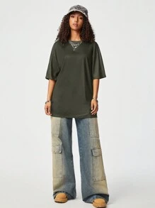 SHEIN EZwear T-shirt ample de couleur unie pour femmes avec portrait imprimé à l'arrière, ÉQUIPE AVEC DES AILES - Noir - Voir 6