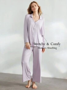 Ocili Ocili Conjunto de ropa de estar por casa de top de manga larga abotonado y pantalones, simple y cómodo, para temporada de vacaciones