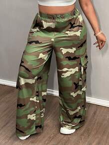 Slaydiva Plus Size Summer Casual Sports Simple Street Cargo Three-Dimensional Pocket Camouflage Wide-Leg Pants Women's Pants