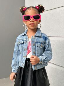 SHEIN Explorewe Young Girls Washed Light Blue Denim Jacket With Heart Shadow Design, Casual & Fashionable - Medium Wash - View 4