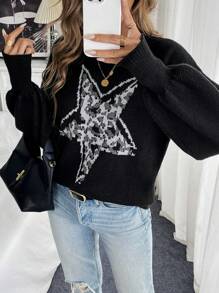 SHEIN LUNE Áo len nữ dáng rộng đơn giản, áo chui đầu dệt kim mùa thu đông. - màu đen - Xem 4