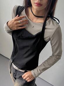 DAZY Bộ 2 món áo dài tay buộc dây rút bất đối xứng cho nữ - màu đen - Xem 6